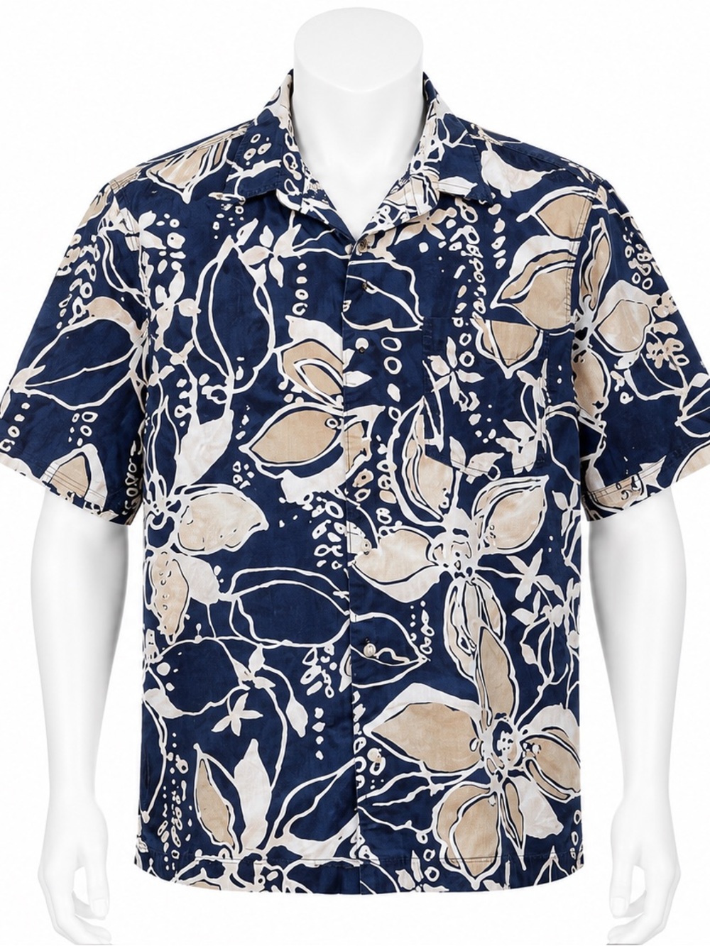 Eddie Bauer size medium Hawaiian shirt navy and white 100% cotton short sleeve